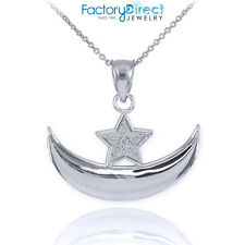 10k White Gold Diamond Crescent Moon and Star Islamic Pendant Necklace
