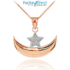 10k Rose Gold Diamond Crescent Moon and Star Islamic Pendant Necklace