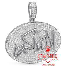 Mens 14K White Gold On Real Silver Allahu Akber Muslim Oval Charm Allah Pendant