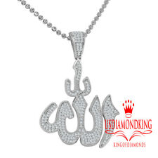 Real Sterling Silver White Gold Finish Diamond Allah Muslim Pendent Charm +Chain
