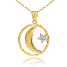 14k Solid Gold Diamond Crescent Moon and Star Islamic Pendant Necklace
