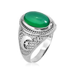 Sterling Silver Islamic Crescent Moon Green Onyx Gemstone Statement Ring
