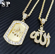 HIP HOP ICED GOLD PT ALLAH MUSLIM CZ PENDANT & 24" ROPE CHAIN 2 NECKLACE SET