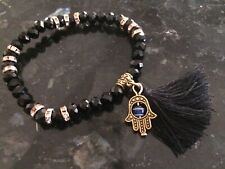 Women’s Religious Muslim Bracelet Elastic Charm Hamsa Hand Pendant Obsidian