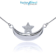14k White Gold Diamond Crescent Moon and Star Islamic Necklace