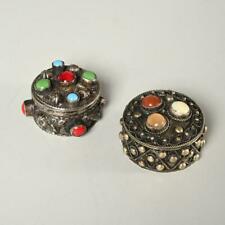 VINTAGE PAIR ISLAMIC SILVER METAL TRINKET BOXES WITH CABOCHONS
