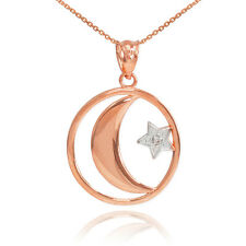 14k Rose Gold Crescent Moon with Diamond Star Islamic Pendant Necklace