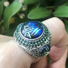 Men Turkish Hand Made Silver Tone Green Rhinestones Islamic Ring Size 9