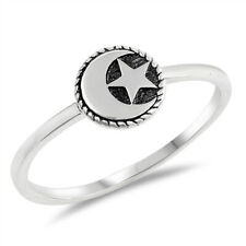 Oxidized Moon Star Simple Dainty Ring 925 Sterling Silver Muslim Band Sizes 4-12
