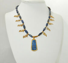 Antique Hand Carved Lapis Lazuli Stone Bead Necklace Gold Plated Islamic Pendant