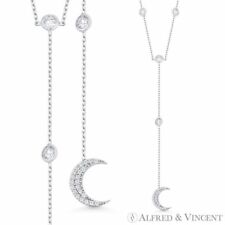Crescent Moon Charm & Chain CZ Crystal Bezel Y-Necklace in .925 Sterling Silver