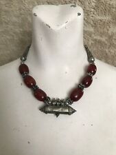 Antique Islamic Burnt Red Colored Amber Hammered Silver Necklace