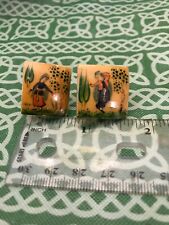 Vintage Painted Shell Persian Islamic Courtship Screw On Earring Pair FREE SHIP
