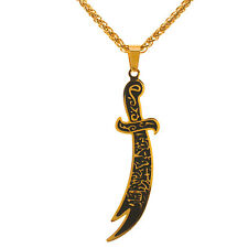 Engraved Gold Pt Imam Ali Sword Dhul-fiqar Zulfikar Necklace Islamic Muslim Art