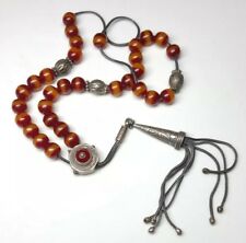 VINTAGE ISLAMIC MIDDLE EASTERN STERLING SILVER BANDED AGATE PRAYER BEADS