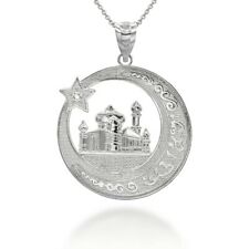 Silver Islamic Crescent Moon Star Mosque Islamic Characters Pendant Necklace