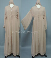 Dubai Abaya Kaftan Chiffon Rhinestones Pearl Muslim Women Maxi Dress Nude