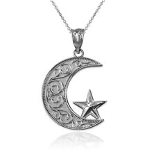 14K White Gold Islamic Crescent Moon Pendant Necklace