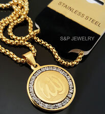 Gold Stainless Steel Allah muslim CZ Pendant & 24" Round Box Chain Necklace 144G