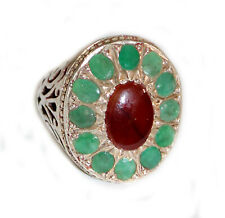 Islamic Unique Handmade Yemeny Red Agate Silver 925 Ring With Green Aquamarine  