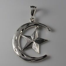 XXLarge Real Solid 925 Sterling Silver Crescent Moon & Star Muslim Islam Pendant