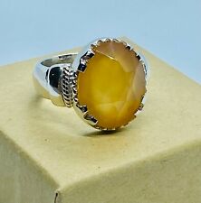Authentic Yemeni Agate Crystal Yellow Saffron Aqeeq Sterling Silver Ring 9.5 US 