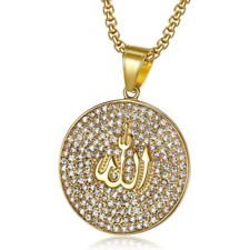 Men's Stainless Steel Round CZ Muslim Islam Allah Pendant Necklace 24" Chain