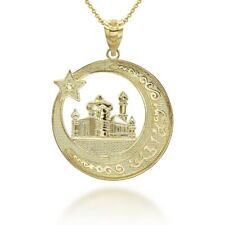 10K Gold Islamic Crescent Moon Star Mosque Islamic Characters Pendant Necklace 