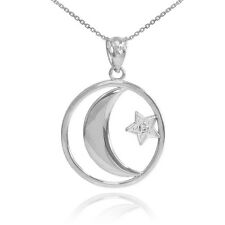 10k White Gold Crescent Moon with Diamond Star Islamic Pendant Necklace