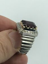 CUSTOM HANDMADE ENGRAVED MEN'S SILVER RING WITH SQUARE RUBY & DIAMONDS AROUND  