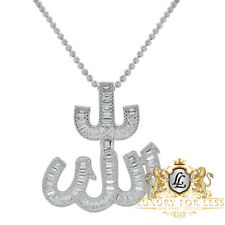 Baguette Real Sterling Silver Allah Muslim Pendent Simulated Diamond Charm Chain