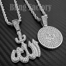 Hip Hop Silver PT Bling Muslim Allah Pendant & 4mm 24" Rope Chain Necklace Set