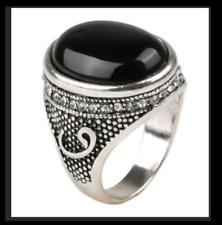Turkish Islamic 925 Silver Antiqued Ring sz8 Natural Black Agate Gem Vintage Men