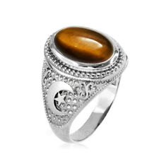 Sterling Silver Tiger Eye Islamic Crescent Moon Ring