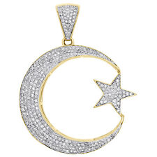 10K Yellow Gold Diamond Islamic Crescent Moon & Star Pendant 1.55" Charm 3/4 CT.