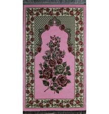 Turkish Islamic Thin Chenille Woven Embroidered Floral Rose Prayer Mat - Pink