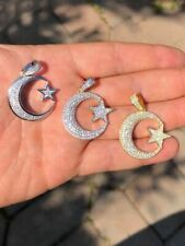 Mens Solid 925 Silver Crescent Moon & Star Islam Muslim Arabic Pendant Iced Icy