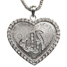 Silver Pt Heart Crystal Allah Necklace Chain Islamic God Islam Gift Muslim Quran