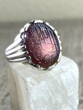 Natural Yemeni Authentic Engraved Violet Saffron Aqeeq Men Sterling Silver 9.5US