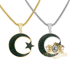 Genuine Silver Muslim Islamic Crescent Moon Star Allah Charm Pendent Chain Set