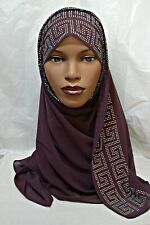 PURPLE Bubble Chiffon Rhinestone Scarf Greek Key Muslim Hijab 20% Silk Headcover