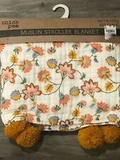 Chick Pea Muslim Stroller Blanket Orange Flower With Pompom Baby Girl Cotton New