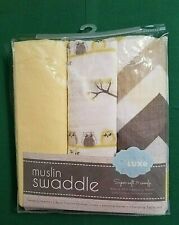 Muslin swaddle blankets 3 pack by Babe Luxe Owls Hoot Hoot Yellow Brown NEW