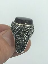 CUSTOM HANDMADE ENGRAVED MEN'S SILVER RING WITH GENUINE RED ROUND AQEEQ STONE
