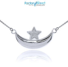 Sterling Silver CZ Crescent Moon and Star Islamic Necklace