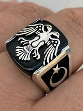 Mens Real 925 Sterling Silver Ring Albanian Double Headed Eagle Islamic Crescent
