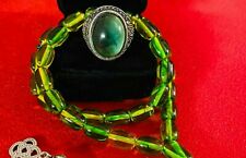 Green Aqeeq Yemeni Ring Men Sterling Silver 925k with Green Amber Dust Rosary 