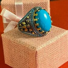 Antique Ottoman Style Turquoise Fayrouz Ring Men Sterling Silver 925 