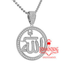 14K White Gold Over Sterling Silver Lab Diamond Allah Muslim Pendent Charm Chain