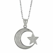 .925 Sterling Silver Muslim / Islam Crescent Moon + Star Pendant w. Cuban Chain